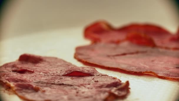 Sliced Pastrami Being Thrown Pan Super Slow Motion Bacon — Vídeos de Stock