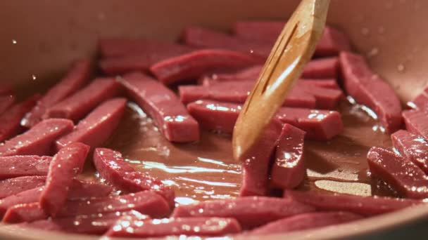 Sliced Salami Being Thrown Pan Slow Motion Sliced Salamis Fried — Stok Video
