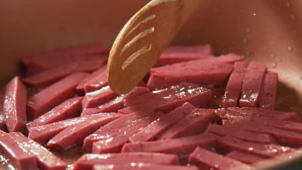 Sliced Salami Being Thrown Pan Slow Motion Sliced Salamis Fried — Stockvideo