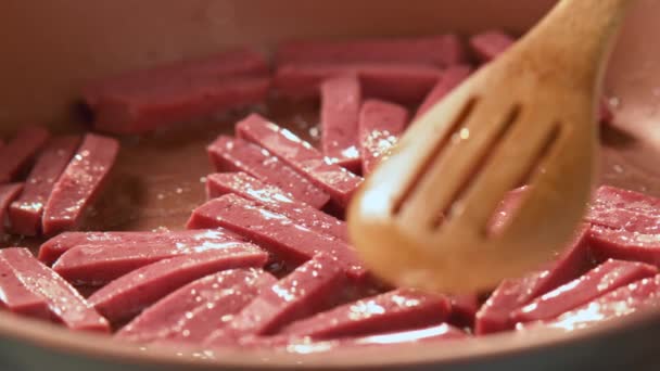 Sliced Salami Being Thrown Pan Slow Motion Sliced Salamis Fried — Stockvideo