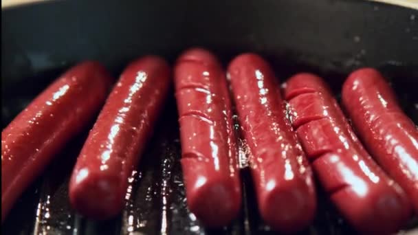 Chef Frying Delicious Sausages Grill Pan Your Sausages Cooked Hot — Stockvideo