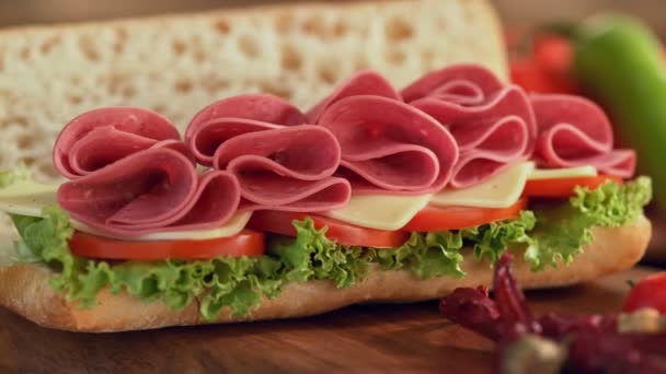 Image Delicious Sandwich Beef Salami Sandwich Served Dinner Table Nice — Wideo stockowe