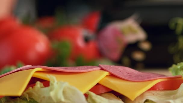 Sliced Salami Falls Cheddar Cheese Plate Salami Drops Plate Super — Stockvideo