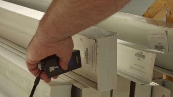 Close Hands Worker Checking Products Barcode Reader Device Barcode Scanning — Vídeo de Stock