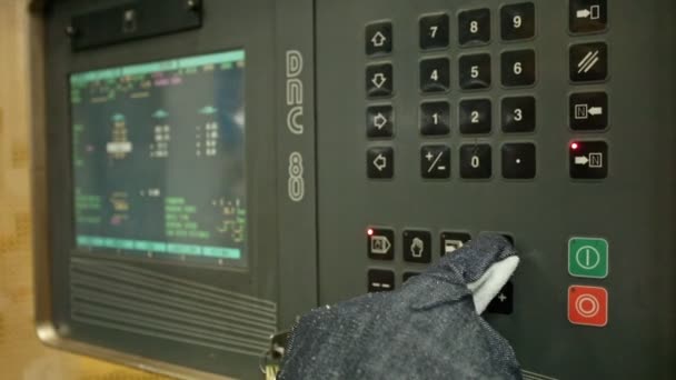 Close Hands Worker Examining Buttons Control Panel Machine Loading New — Vídeos de Stock