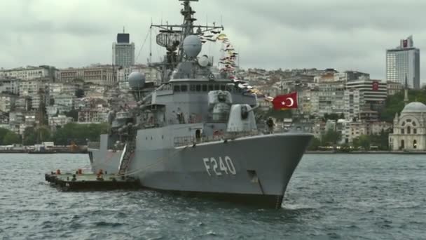 Turkish Republic Warship Anchored Bosphorus — Stockvideo