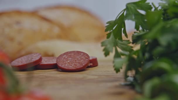 Sliced Turkish Sausage Sucuk Rolls Camera Sausages Rolled Delicious Backdrop — Stock video