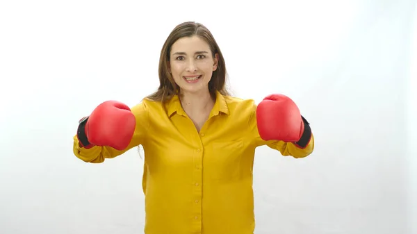 Coping Difficulties Business Life Young Woman Boxing Gloves Isolated White — Stock Photo, Image