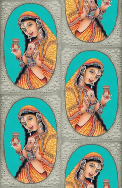 beautiful collage of indian vintage woman farmed motifs art idea stock illustration surface pattern folk traditional design art wallpaper collection