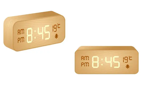 Dijital alarmlı saat elektronik parmaklarıyla akşam saatinin sıcaklığını gösteriyor. Tahta desenli. Beyaz arkaplanda izole edilmiş vektör illüstrasyonu.