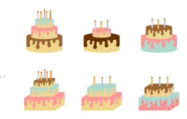 Doğum günü pastası vektörü ayarlandı. düz tasarım çizimi beyaz arkaplanda izole edildi.