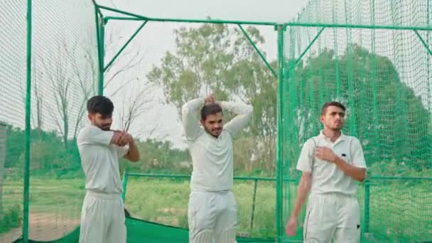 Cricket Players Warming Start Training Field Early Morning Players Warming — Stock Video