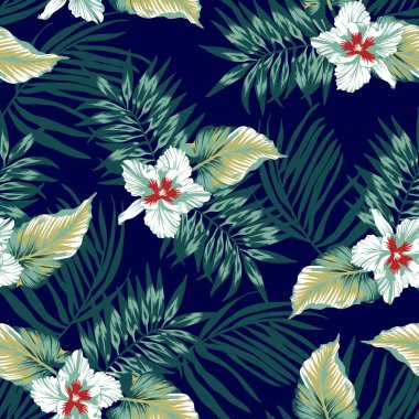 Tropikal yapraklı tropik çiçek desenli arka plan. Kusursuz desen