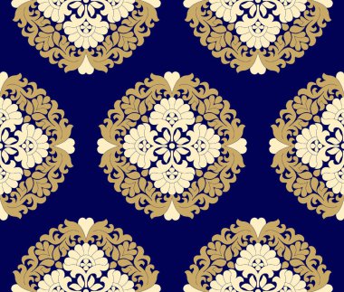 Mavi ve beyaz çiçekli elementlerin vektörsüz deseni.