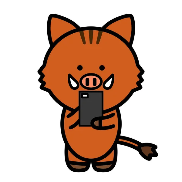 Een Illustratie Van Een Zwijn Die Een Smartphone Bedient — Stockfoto