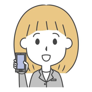 Elinde akıllı telefon tutan takım elbiseli bir kadının resmi.