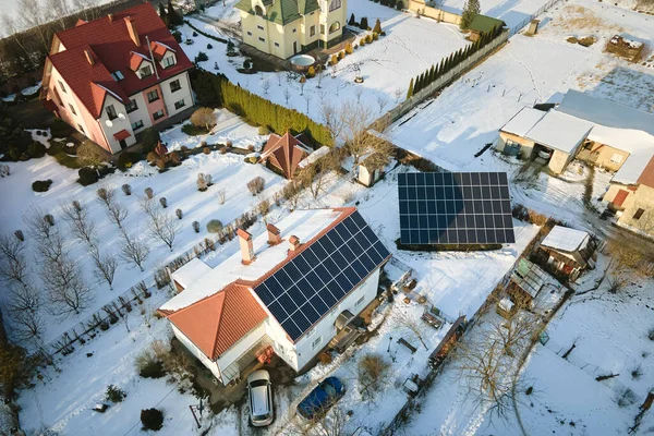 Aerial View House Roof Solar Panels Covered Snow Melting Winter — 图库照片