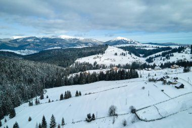 Soğuk dağlarda karla kaplı ormanlar arasındaki ücra yerleşim yerlerindeki küçük kır evleri ile kış manzarası.