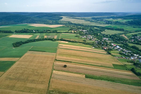 Vista Aérea Del Paisaje Los Campos Agrícolas Verdes Amarillos Cultivados — Foto de Stock