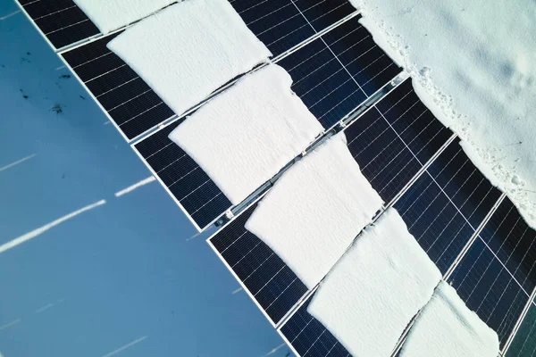Aerial View Electrical Power Plant Solar Panels Covered Snow Melting — Fotografia de Stock