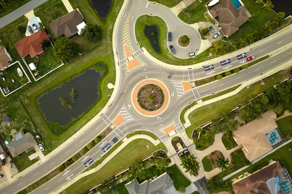 Aerial View Road Roundabout Intersection Moving Cars Traffic Rural Circular — 图库照片