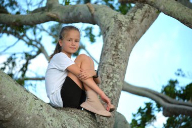 Young pretty child girl sitting relaxed between big branches of old tree on sunny summer day.