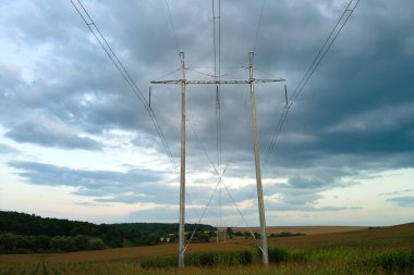 Yeşil tarımsal alanlar arasında elektrik kabloları olan yüksek voltaj kulesi. Elektrik konsepti aktarımı.