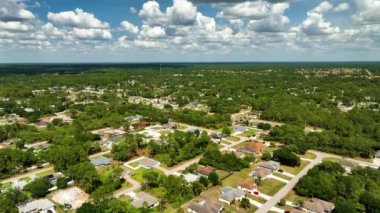 Aerial view of green small town America suburban landscape with private homes between palm trees in Florida quiet residential area.