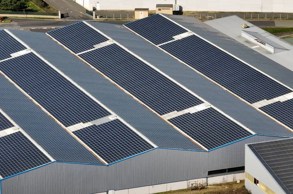 Aerial View Blue Photovoltaic Solar Panels Mounted Industrial Building Roof — 스톡 사진