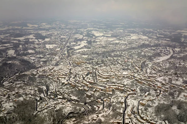 Letecká Zimní Krajina Hustého Historického Centra Města Thiers Departementu Puy — Stock fotografie