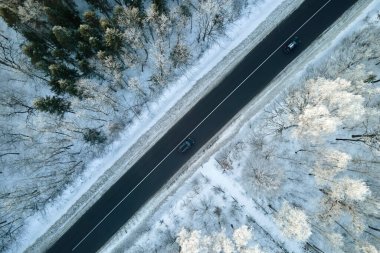 Soğuk kış günlerinde, karla kaplı ormanlar ve siyah asfalt yol manzarası..