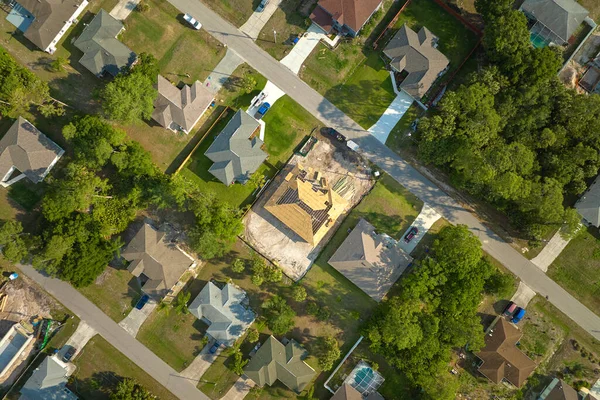Aerial View Suburban Private House Wit Wooden Roof Frame Construction — Fotografia de Stock