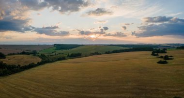 Parlak yaz akşamında olgun buğdayla ekili sarı tarım arazisinin havadan manzarası.