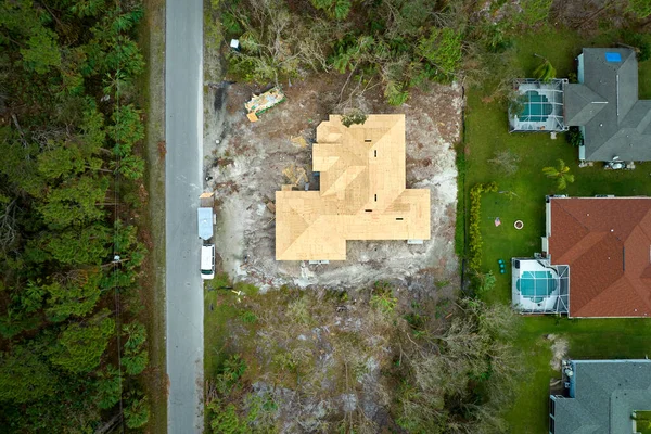 Aerial View Residential Private Home Wooden Roofing Structure Construction Florida — стоковое фото