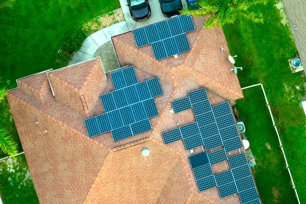 Aerial View Typical American Building Roof Rows Blue Solar Photovoltaic — Foto Stock