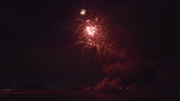 Aerial View Bright Fireworks Exploding Colorful Lights Sea Shore Independence — Vídeo de stock