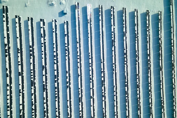 Aerial View Electrical Power Plant Solar Panels Covered Snow Melting — Foto de Stock