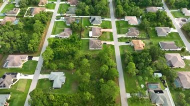 Florida 'nın sakin yerleşim bölgesinde yeşil palmiye ağaçları arasında özel evleri olan küçük bir Amerikan banliyö manzarası..