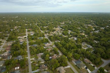 Florida kırsal kesimindeki yeşil palmiye ağaçları arasındaki banliyö özel evlerinin hava manzarası.