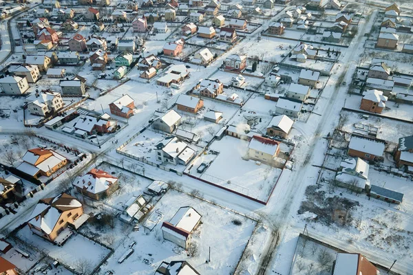Aerial View Private Homes Snow Covered Roofs Rural Suburbs Town — Stock Photo, Image