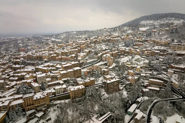 Aerial Winter Landscape Dense Historic Center Thiers Town Puy Dome —  Fotos de Stock