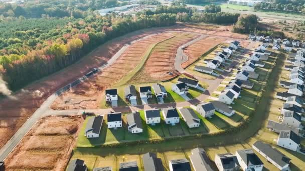 Aerial View Real Estate Development Tightly Located Family Houses Construction — Stock Video