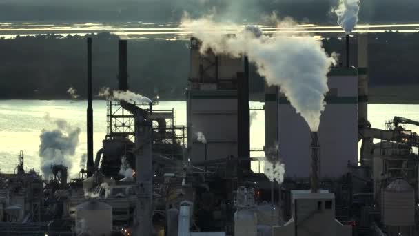 工場の製造ヤードで大気汚染生産プロセスから煙と木材加工工場の空中ビュー 日没時の工業用地 — ストック動画