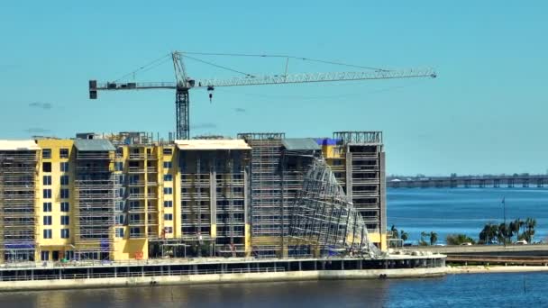 Aerial View Ruined Hurricane Ian Construction Scaffolding High Apartment Building — Stock Video