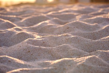 Sahil kenarını kaplayan temiz sarı kum yüzeyi akşam ışığıyla aydınlatılıyor. Seyahat ve tatil kavramı.