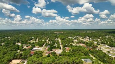 Florida 'nın sakin kırsal kesimindeki yeşil palmiye ağaçları arasındaki banliyö özel evlerinin hava manzarası.