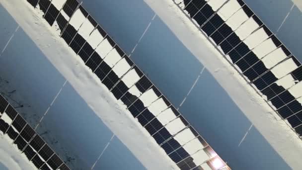 Aerial View Electrical Power Plant Solar Panels Covered Snow Melting — Vídeo de stock