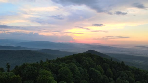 日落时分 空中俯瞰着绿松林 山上覆盖着黑云杉树 从上方俯瞰的森林景观 — 图库视频影像