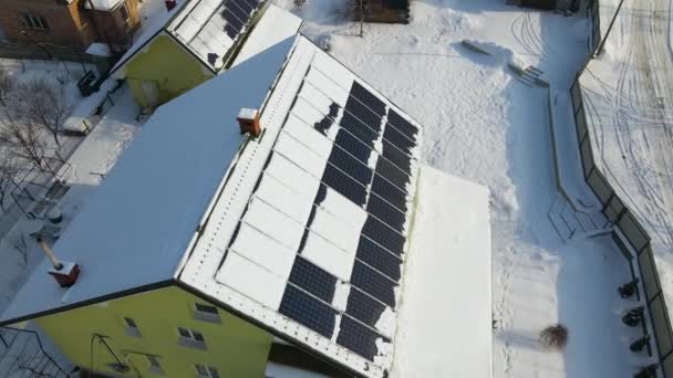 Aerial View House Roof Solar Panels Covered Snow Melting Winter — Video Stock