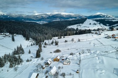Soğuk dağlarda karla kaplı ormanlar arasındaki ücra yerleşim yerlerindeki küçük kır evleri ile kış manzarası.